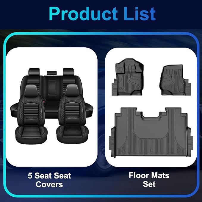 Seat Covers & Floor Mats Fit for Ford F150 2015-2025 2026 5 Seat Full Set Faux Leather Truck Seat Covers Custom Fit Rubber All Weather Floor Liners (Black)
