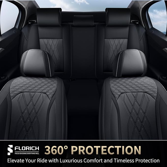 FLORICH Leather Cars Seat Covers Full Set, Waterproof Automotive Seat Covers Seats Full Wrapping Edge Seat Cushion Non-Slip Breathable Universal Fit for Most Car Truck SUV Seat Protection, Black
