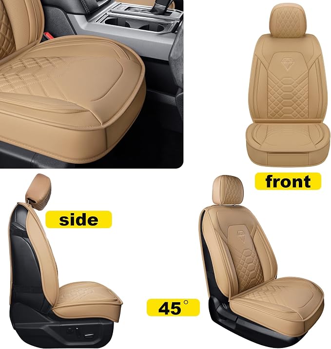 GXT Dodge RAM Front Seats Cover Fit for Select 2013-2021 Dodge RAM 1500 2500 3500 Pickup Truck, Waterproof Synthetic Leather Car Seat Cover and Cushion (Beige)