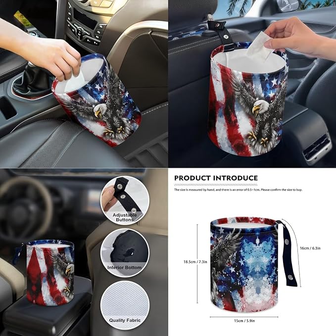 Eagle Print 14Pcs Car Interior Cover Set American Flag Print Car Front Rear Seat Covers Steering Wheel Cover Center Console Pad Safety Belt Pads for Men Women, Easy to Install