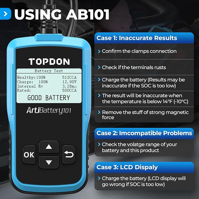 TOPDON AB101 Car Battery Tester 12V Car Battery Load Tester on Cranking Charging Systems, 100-2000 CCA Automotive Alternator Analyzer for Cars/SUVs/Light Trucks with Flooded AGM Gel Types