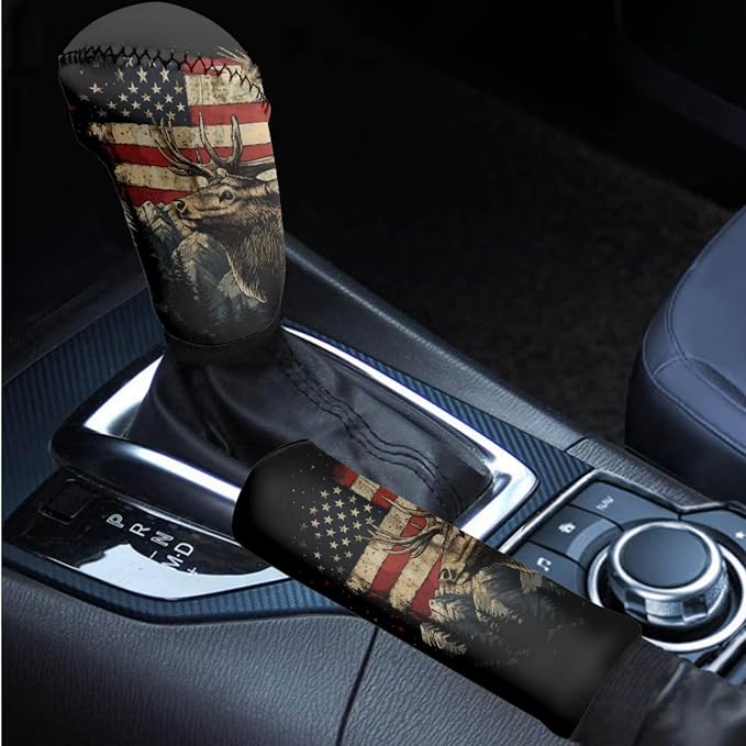 BIGCARJOB American Flag Seat Covers Full Set for Car Universal Auto Front Rear Seat Protector 12 Pcs Elk Steering Wheel Covers,Armrest Pads,Seat Belt Pads