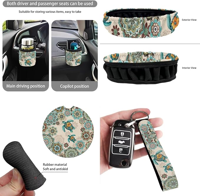 Dreaweet Sea Turtle Seat Covers for Cars Full Set 15 Pcs Universal Boho Steering Wheel Cover Seat Belt Pads Car Coasters Trash Bag Air Vent Storage Pouch Rear View Mirror Cover Keychain
