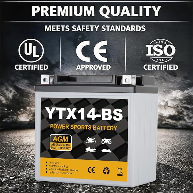 YTX14-BS Motorcycle Battery 12V 12Ah, 220 CCA Sealed AGM Rechargeable Maintenance Free Battery, Replacement for ATV, UTV, Scooter, ETX14, GTX14-BS