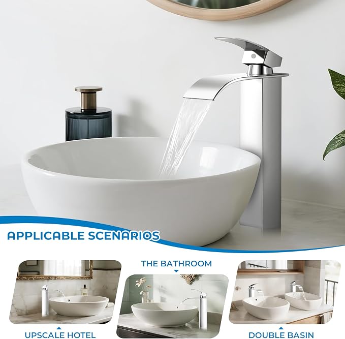Chrome Bathroom Faucets, Tall Waterfall Bathroom Sink Faucet Modern Single Handle Bathroom Faucte 1 Hole, Tall Spout Vessel Faucet Mixer Tap Washbasin Faucet with Pop-up Drain, Supply Hoses