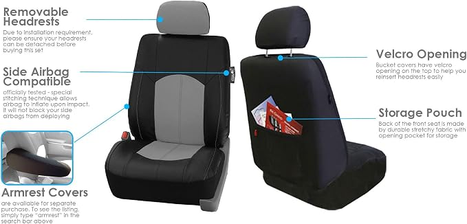 FH Group Automotive Seat Cover Highest Grade Faux Leather Gray Full Set, Combo Car Seat Cover Design Airbag Compatible Split Bench Tan Car Seat Covers Interior Accessories Universal Fit Cars Truck SUV