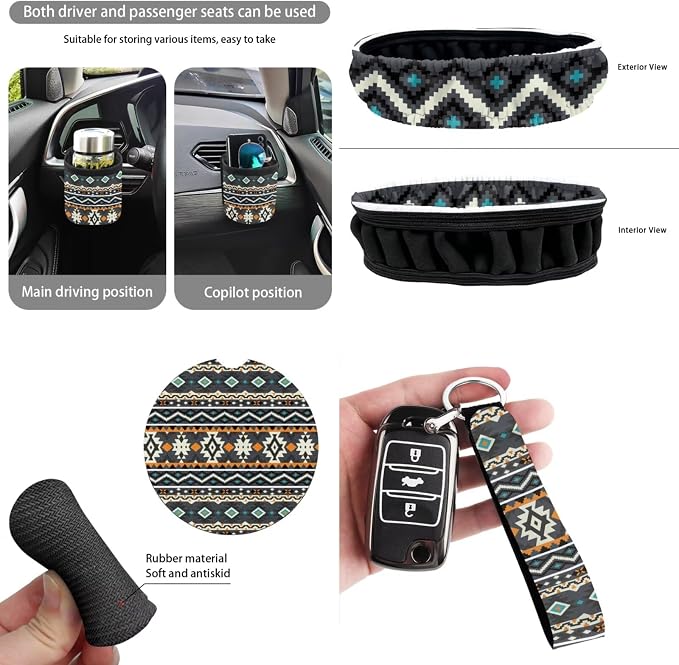 Dreaweet Tribal Car Seat Covers Full Set Geometric Pattern Front and Back Seat Covers with Steering Wheel Cover Seat Belt Pads Coasters Trash Bag Rear View Mirror Cover Keychain 15 Pcs Universal Fit