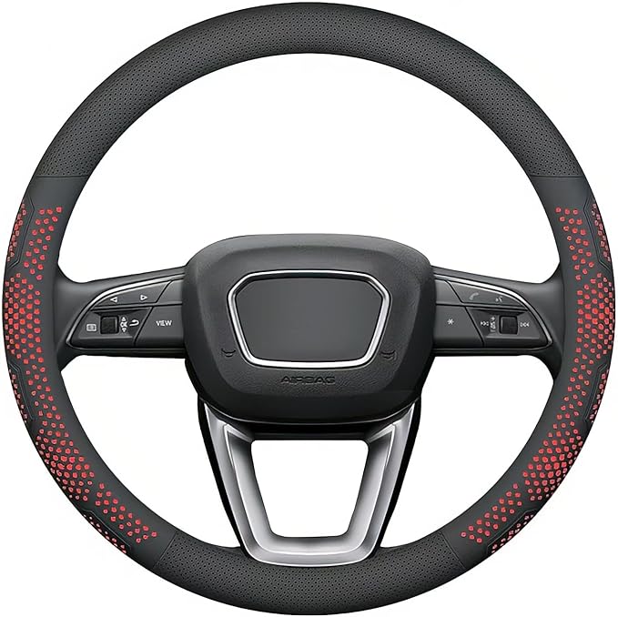 Yangday Leather Steering Wheel Cover for Jeep Wrangler Grand Cherokee Compass, 14.5-15 inches Car Steering Wheel Cover with Non-Slip Breathable (Red)