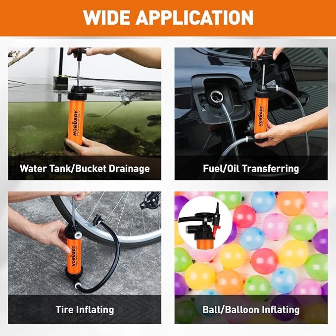 HORUSDY Multi-Use Siphon Transfer Pump Kit Hand Fuel Pumps for Gas Oil Water with Air Hose, Portable Manual Fuel Transfer Pump for Boat, Car, RV, Emergency, Lawn Mower Fluid Drainage