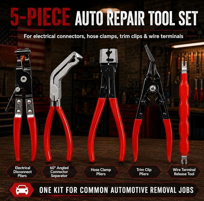 5PCS Automotive Electrical Disconnect Pliers Kit with Leather Storage Case | High-Carbon Steel Connector, Hose Clamp & Trim Clip Removal Tools for DIY Car Repair & Professional Mechanics