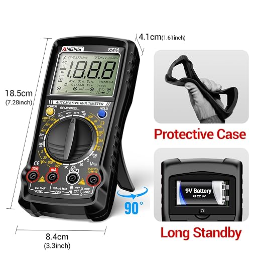 ANENG SZ26 Multimeter,Digital Automotive Engine Analyzer with 500-10000RPM Tach,Dwell Angle,Duty Cycle,DC Current,AC/DC Voltage,Amp,Ohm,Large LCD,Data Hold,Versatile Tester for Car Diagnostics