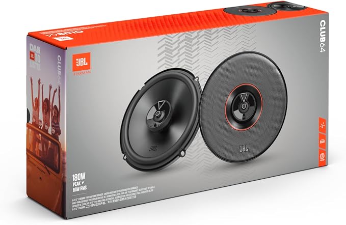 JBL Club 64-6-1/2" (160mm) Two-Way Car Speaker, 60W RMS, 180W Peak, Sensitivity (@ 2.83V): 93dB, Frequency Response: 48Hz – 21kHz, Nominal Impedance: 3.0 ohms