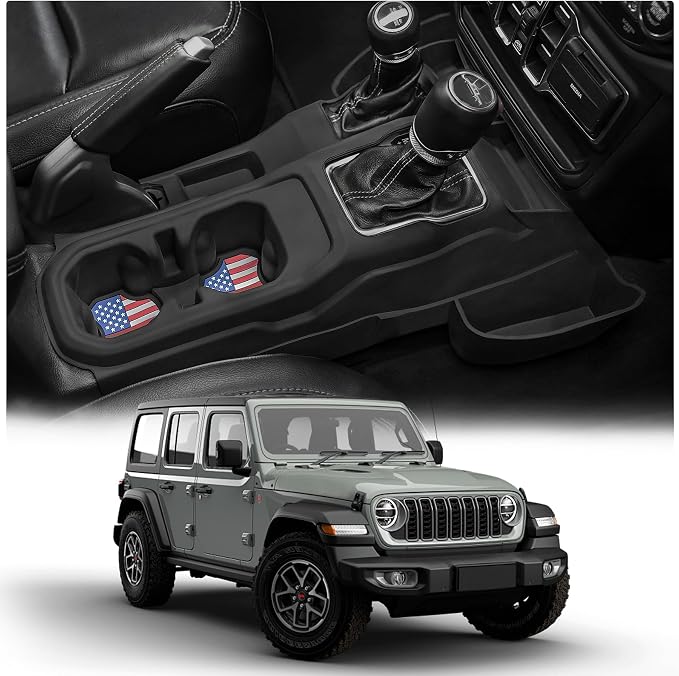 Center Console Organizer with Cup Holder Insert for 2018-2023 Jeep Wrangler JL Gladiator JT 2020-2025, Non-Slip Silicone Center Console Tray
