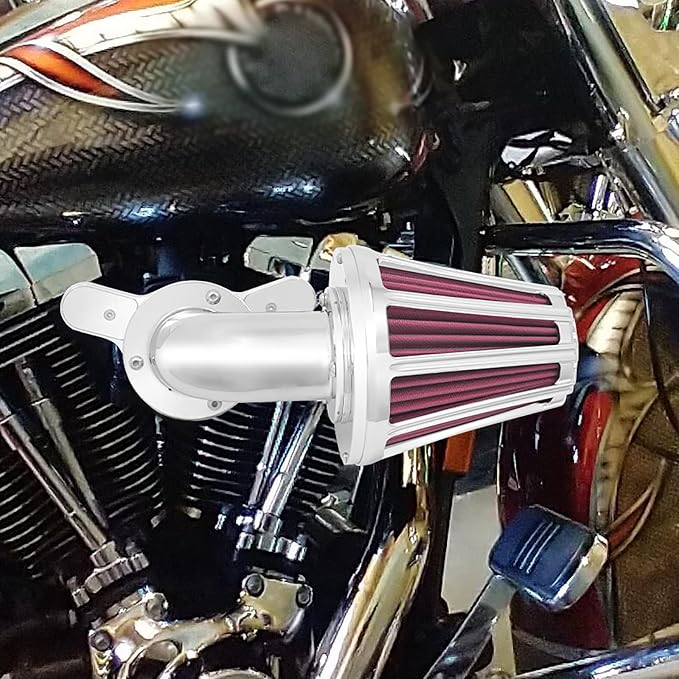 Air Cleaner Filter 90° Forward-Facing Intake Kit CNC Fit for Harley Touring Softail Dyna Sportster XL (Chrome Housing Red Element, B For Touring 00-07,Softail 00-15,Dyna 00-17)