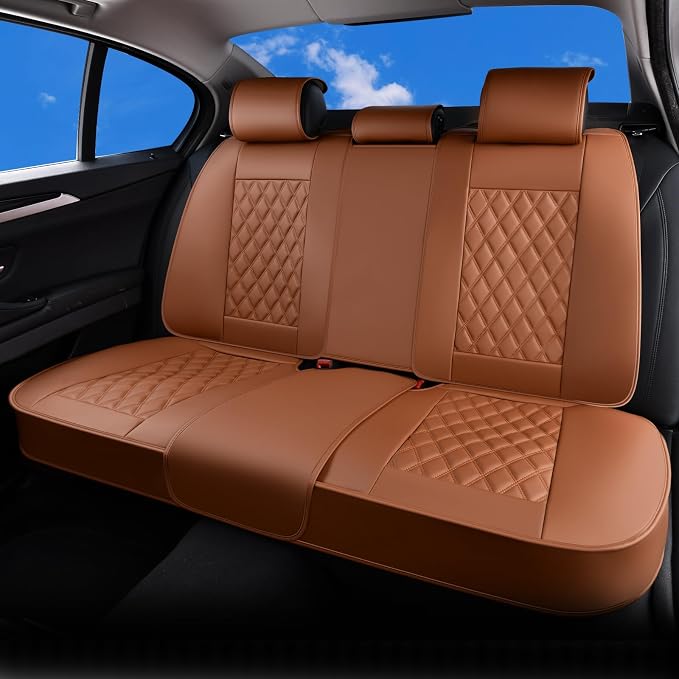 Huidasource Brown Back Seat Covers, Nappa Leather Rear Seat Covers Velcro Adjustable, Compatible with Seat Belts, Child Safety Seats, Universal Fit for Most Cars SUVs Trucks (Back Row/Brown)