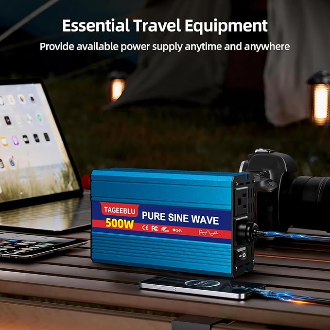 500W Pure Sine Wave Power Inverter DC 24V to 110V AC Converter with LCD Display, Battery Clamps & Cigarette Lighter Plug, Car Inverter with Dual AC Outlets for Vehicles RV Truck Camping Laptop CPAP