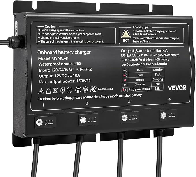 VEVOR Marine Battery Charger, 4-Bank, 10A x 4, 12V Onboard Battery Charger, IP68 Waterproof Smart Boat Charger, for Lithium-Ion (LiFePO4), NCM, Lead-Acid Batteries, Large Boat, Yacht, RV, Trailer
