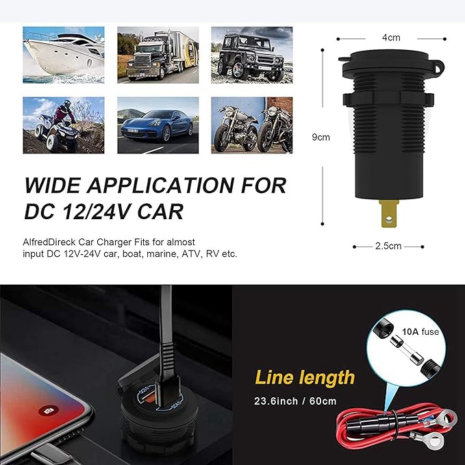 4X Quick Charge 4.0 PD QC 3.0 USB Car Charger 12V 24V 60W USB Outlet Fast Charger for Car, Boat, Truck, RV, Motorcycle