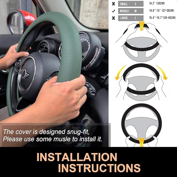 PINCTROT Nappa Leather Steering Wheel Cover, Slim Fit No Bulk Design, One Piece Leather with Breathable Perforation, Fit Like Gloves, Universal 14.5-15 Inch(Nappa Green)