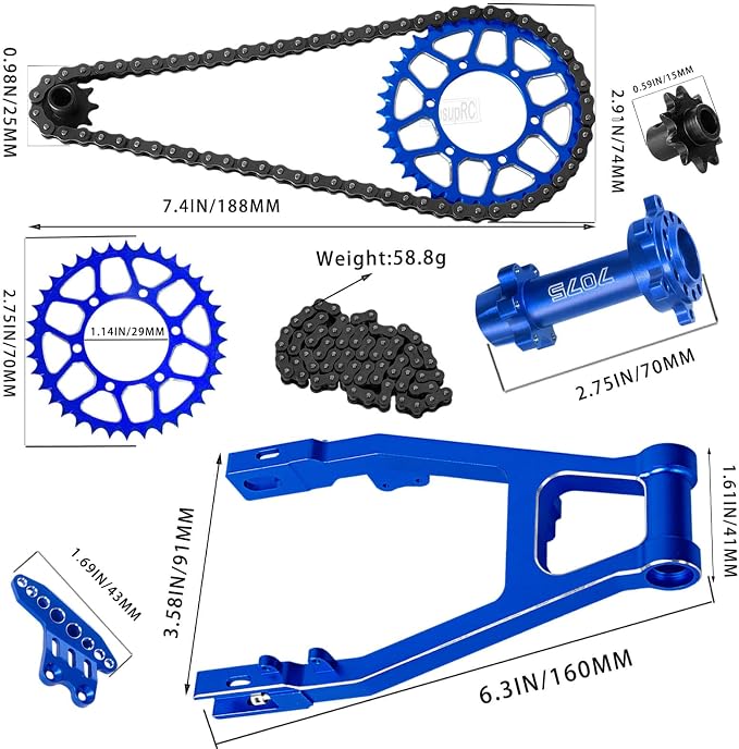 Steel Roller Chain&Rear Swing Arm&Rear Hub Chain Sprocket Gears&Front Sprocket&Chain Guard Protector&Rear Wheel Hub Hex Upgrades for L0Si 1/4 Promoto-MX Motorcycle RTR FXR,Navy Blue