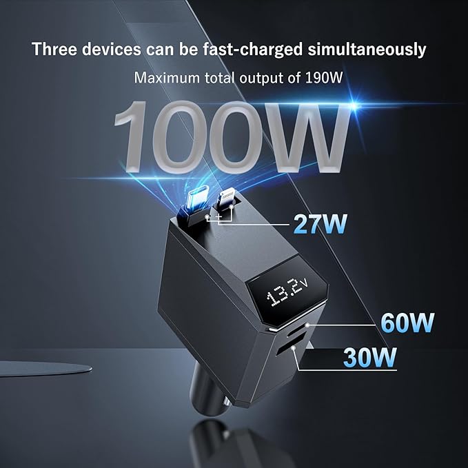 USB C Car Charger, 217W Max Ultra-Compact Type-C Fast Charger with Built-in Retractable Cable Car Adapter and iPhone Adapter for iPhone 15/14 Series,Samsung S24/S23, MacBookPro/Air, iPad, and More