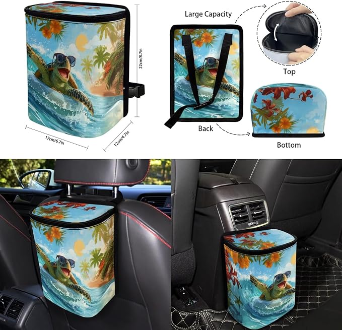 Forchrinse Hawaiian Sea Turtle Car Cover for Women Men Front Back Seat Cover with Steering Wheel Cover/Armrest Seatbelt Cover/Handbrake Gear Shift Cover/Garbage Trash Can