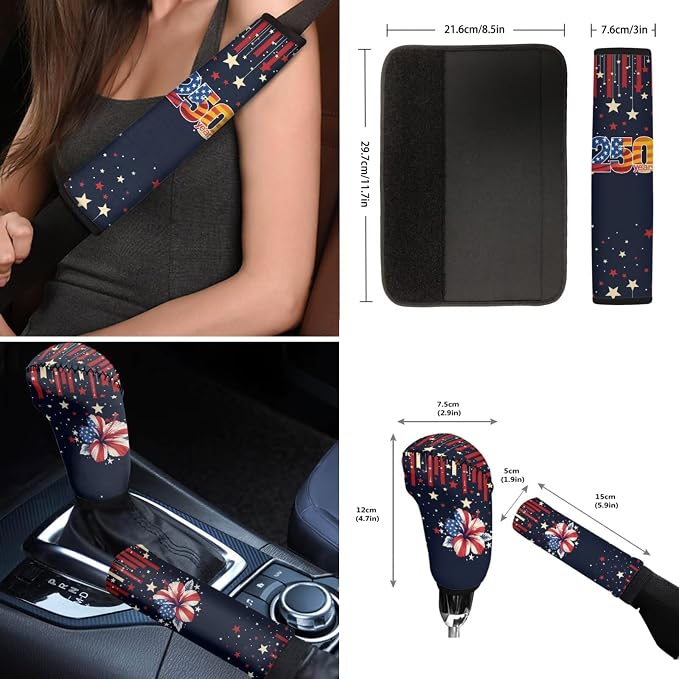 Wanyint Car Seat Cover Set, with Steering Wheel Seat Belt Pads Center Console Handbrake Gear Shift Cover Cup Coaster Holder for US 250th Anniversary, Pack of 12, American Flag Hibiscus Star Stripe