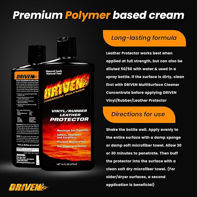 DRIVEN Vinyl/Rubber/Leather Protector with Rich Gels, Protective Polymers & UV Sunscreen - for Car, Boat, RV Interiors, Furniture, Apparel, Boots, & More - Prevents Fading, Cracking & Discoloration