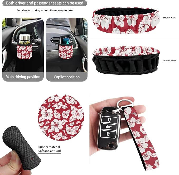 Dreaweet Car Seat Covers Full Set for Women Red Hibiscus Flowers Car Accessories Seat Cover with Steering Wheel Cover Seat Belt Pad Coasters Garbage Bag Air Vent Pouch Rear View Mirror Cover Keychain