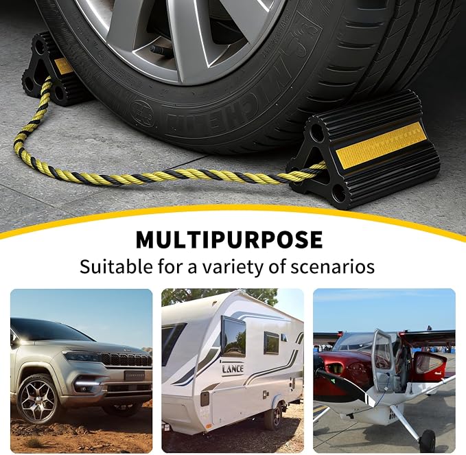 RV Wheel Chocks for Trailers Camper Trucks and Small Aircraft Wheel Chock 1Pair2Pack Wheel Chock Block with 3 Reflective Strips Versatile Heavy Duty Solid Rubber Wheel Immobilizers & Chocks