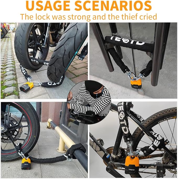 Motorcycle Chain Lock 6.6feet/200cm Long Heavy Duty Anti-Theft Security 10mm Thick Chain with Bright-Colored Lock,Durable with 4 Keys for Motorcycles,Containers(10.36lbs)