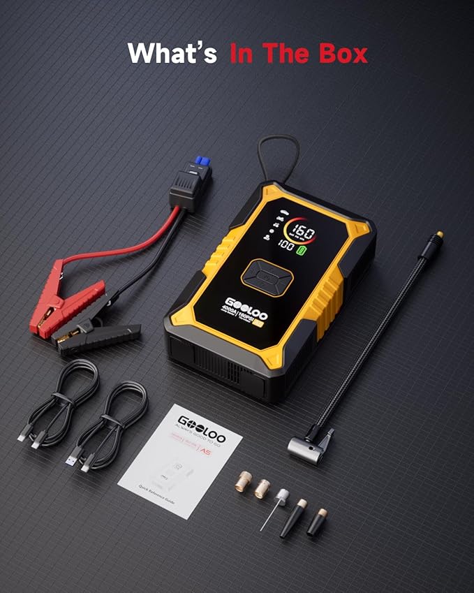 GOOLOO A5 Car Jump Starter with Air Compressor, 4000A Portable Car Jump Starter (All Gas/10.0L Diesel) with 160PSI Auto-Off Tire Inflator, 45W PD Fast Charging,12V Battery Jumper Starter Portable
