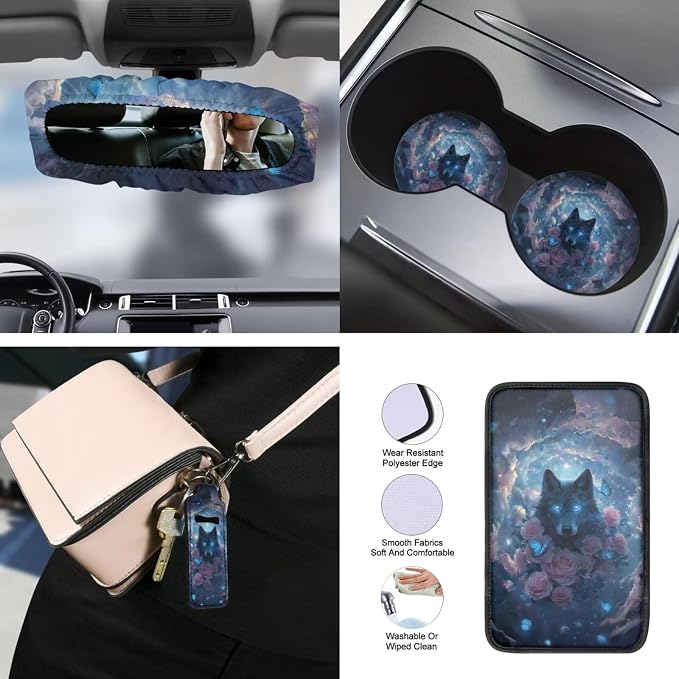 Wolf Rose Butterfly Auto Seat Protector Full Set Decorative Car Accessories Set 15 Pack, Non Slip Car Steering Wheel Covers Armrest Pad Shoulder Strap Protector, Blue