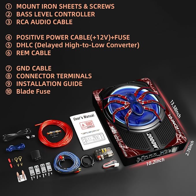 2000W Under Seat Subwoofer with Amp 10" Subwoofer and Amp Package Slim Subs | LED Ambient Light, Deep Bass, LPF/Gain/Bass Boost Controls, Compact Low Profile Design for Powerful Sound in All Vehicles