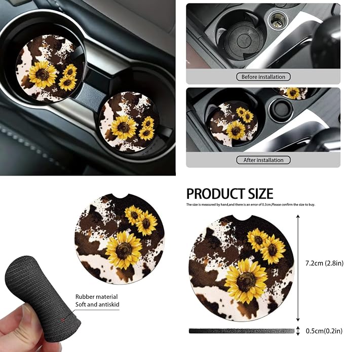 Sunflower Cow Print 12 Pack Car Accessories Set with Car Seat Covers Full Set Steering Wheel Cover Center Console Cover Auto Seat Belt Cover Gear Lever Cover Fit for Cars SUV