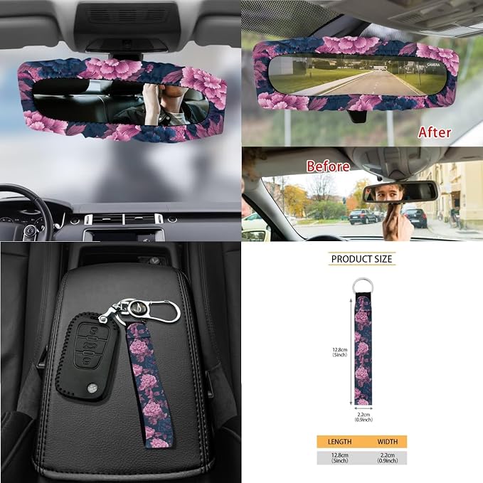 Peony Floral Pattern Car Accessories Set of 15 Bucket Seat and Rear Bench Cover Steering Wheel Cushion Seatbelt Pad Trash Bin Rearview Mirror Cover Keychain Air Outlet Bag Cup Holders