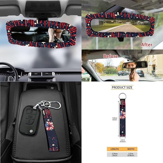 15Pcs Car Seat Cover Set Steering Wheel&Seat Belt Cover Trash Bin Air Vent Storage Box Front Rear View Mirror Cover Car Cup Holder Keychain, American 250Years Patriotic Flag Hibiscus