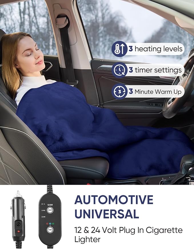 Heated Car Blanket 12/24 Volt Electric Blanket for car, Portable Heated Blanket for Car, Truck, SUV, RV & Camping, Machine Washable, with Temperature Controller 60" x 43"