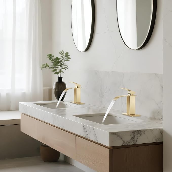 Brushed Gold Bathroom Faucets *2, Waterfall Bathroom Sink Faucet Modern Single Handle Bathroom Faucte 1 or 3 Hole, RV Mixer Tap Vanity Faucet - Includes Pop-up Drain