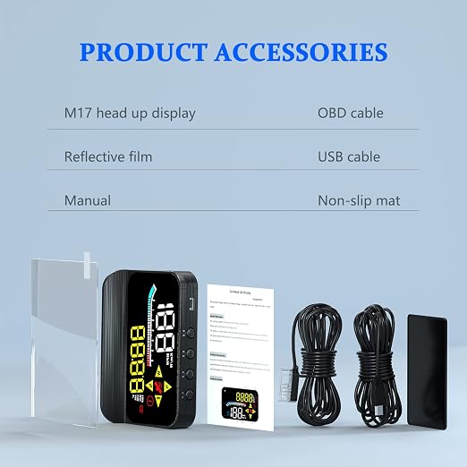 Liiiyuan HUD M17,Heads up display OBD2 and GPS Dual System Speedometer for Car, Digital Speedometer with Speed, Travel Direction, and Overspeed Alarm, Fatigue Driving Alarm,Suitable for All car