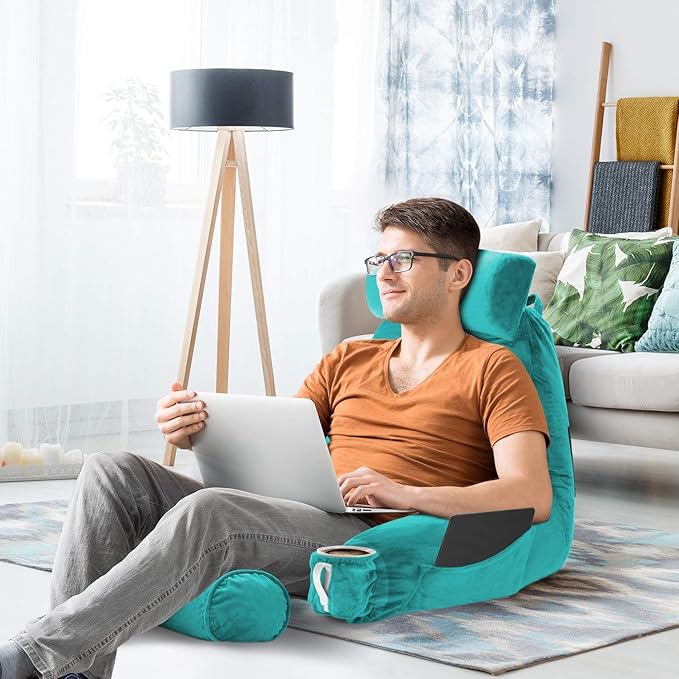 Nestl Reading Pillow with Shredded Memory Foam Includes 2 Neck and Lumber Support Pillows, Designed for Sitting Up in Bed and Couch, Back and Arms Adjustable Support for Adult & Teens, Teal