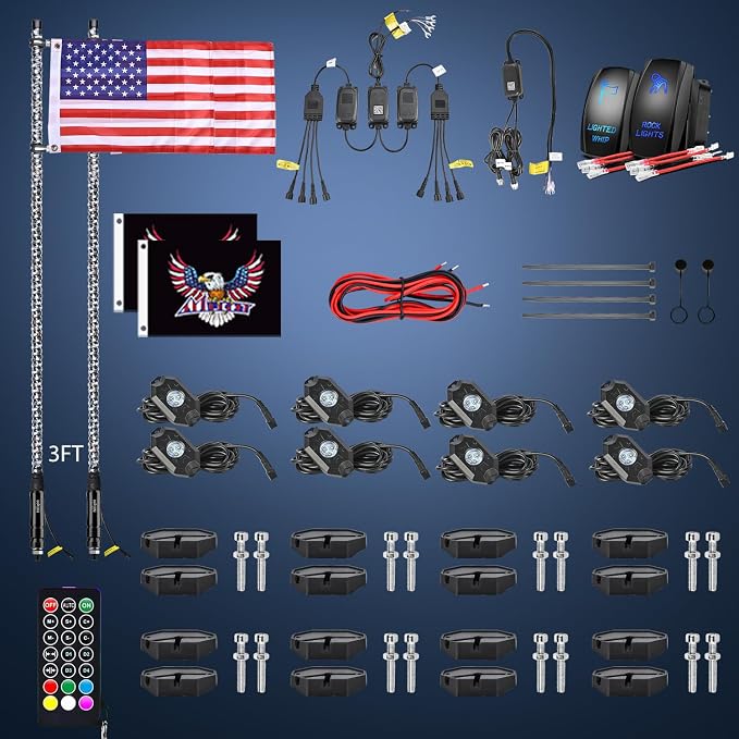 Nilight 2PCS 3FT RGB LED Whip Light and 8 PCS Rock Lights Combo, Remote & App Control w/DIY Chasing Patterns Stop Turn Reverse Safety Antenna Lighted Whips for ATV UTV