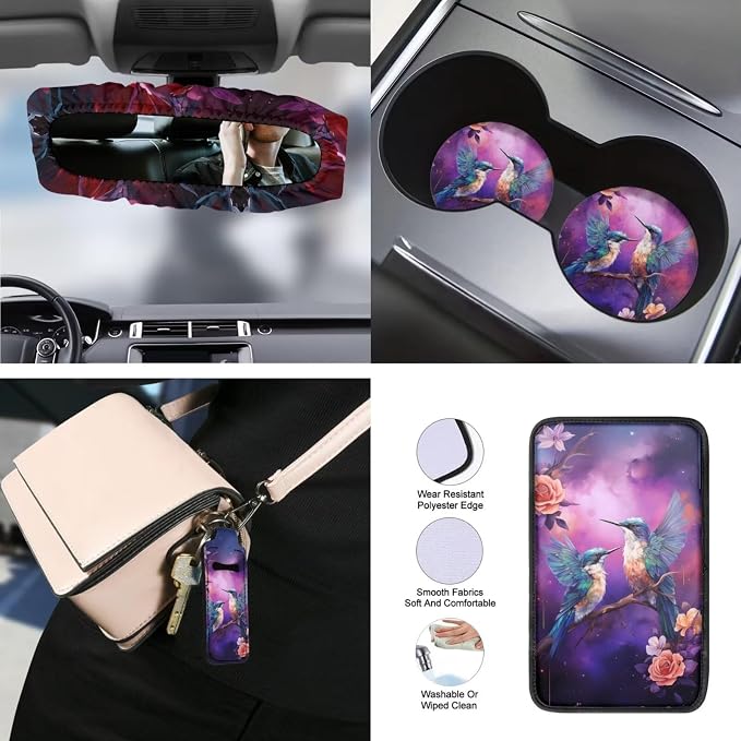 Hummingbird Rose Printed Auto Seat Protectors 15 Pieces Car Front Rear Seat Covers with Steering Wheel Cover Seat Belt Cover Car Inside Rearview Mirror Cover for Women Men Post Gym