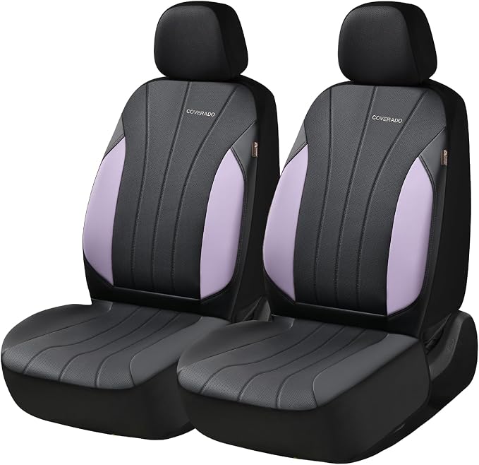 Coverado Car Seat Covers, 2 Front Seats Waterproof Nappa Leather Automotive Seat Protectors, Front Luxury Mesh Seat Covers, All-Weather Universal Fit for Most Cars, SUVs, Trucks,Purple&Black