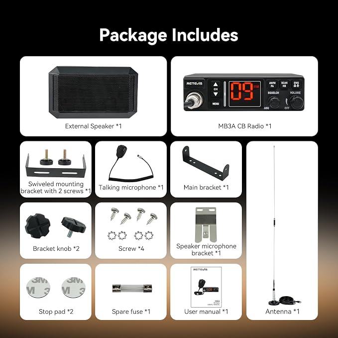 Retevis MB3A AM/FM CB Radio Kit with External Speaker, 40-Channel, Long Range Trucker Radio with Antenna, 12V/24V Cigarette Lighter, PA, Noise Limiter, Emergency Channels 9/19, Cooling System