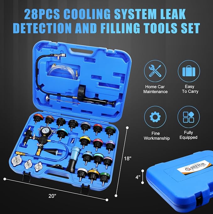 JIFETOR Radiator Pressure Leakage Tester Vacuum Cooling System Purge Coolant Refill Tool Kit 28PCS Universal Automotive Water Tank Leak Test Detector Pneumatic Vacuum Coolant Change Set