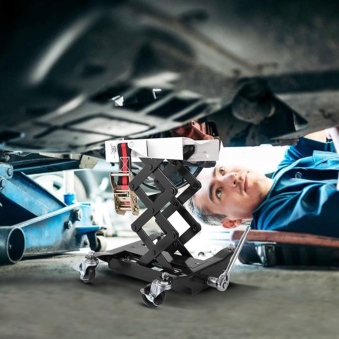 GarveeTech 450 LBS Low Profile Transmission Jack - Heavy-Duty Auto Repair Lift with 7-23 Inch Height Range, 2M Safety Straps & 4 Brake Wheels for Safe, Smooth Repairs - Black