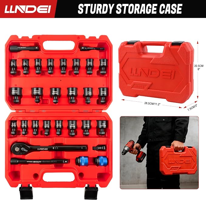 LLNDEI 29Pcs Swivel Socket Set, Quick Release Design, CR-MO 3/8 Swivel Sockets Metric(8-22mm)&Sae(5/16"-3/4"), Wobble Socket Set with Ratchet Wrench, Extension Bar and Adapters.