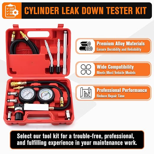 Cylinder Leak Down Tester Kit with Extension Rod for Gasoline Engines – Automotive Compression Leakage Tester for Cars, Trucks, Motorcycles, Pressure Check, Leakage Rate Test
