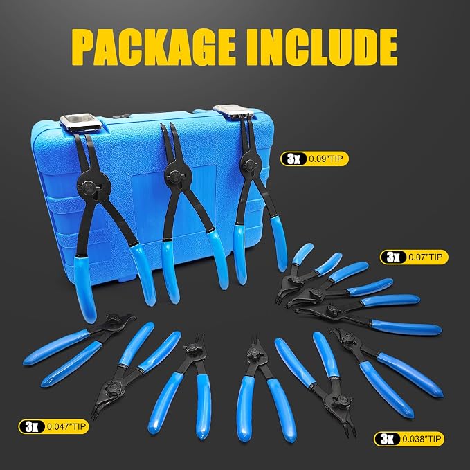 12-Piece Versatile Snap Ring Pliers Set, Internal/External Retaining Ring Pliers with 4 Tip Sizes (0.038/0.047/0.070/0.090in), Heavy Duty Convertible Fixed Tip for Automotive & Machinery